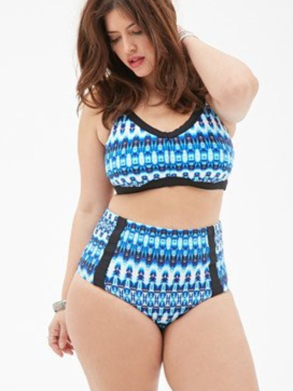 Forever 21 Plus White Blue Tribal Bikini High Waited Bottom Only Swim 1X2X3X
